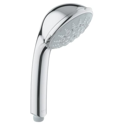 Grohe Relexa Five håndbruser i krom med blank overflade og 90 mm diameter, vist med fem stråletyper.