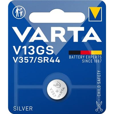Varta V13GS/V357/SR44 sølv knapcelle batteri i blisterpakning med 1,55V og 180mAh kapacitet.