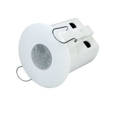 Niko tilstedeværelsessensor PIR MS8-360-1L til loftmontering, hvid med grå PIR-sensor og monteringsclips.