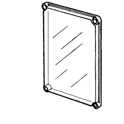 Teknisk tegning af Fibox EKO80-T transparent låg, der viser det firkantede design med afrundede hjørner og monteringshuller.