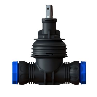 Isiflo Ecoline stikledningsventil i sort komposit med 32 mm diameter, PN16 og blå endestykker, vist på hvid baggrund.