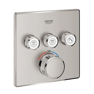 Grohe Grohtherm SmartControl termostatbatteri i børstet stål med 3 trykknapper og et drejehjul til temperaturstyring.