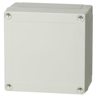 Fibox MNX serie kasse set forfra, 130x130x125mm, i lys grå ABS-plast med fire synlige skruer i hjørnerne.