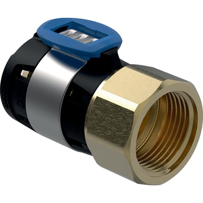 Geberit FlowFit overgang 16mm x 3/4" mf i blyfri siliciumbronze med blå presseindikator og guldfarvet gevind.