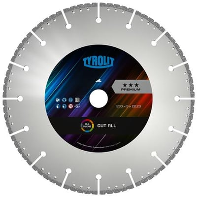 Tyrolit Premium Cut-All diamantskæreskive på 230 mm med 22,23 mm centerhul og 3 mm tykkelse.