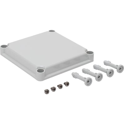 Nærbillede af Fibox EKH30-G dæksel med tilbehør, der viser de medfølgende skruer og rawplugs på en neutral baggrund.