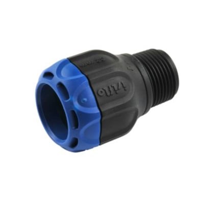Isiflo Sprint overgang med nippel i komposit, 63 mm x 2", med blå 'push-in' koblingsende og udvendigt gevind.