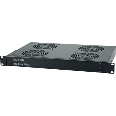 Svart Toten 1U viftepakke for 19-tommers rack med fire vifter, sett skrått forfra og ovenfra.