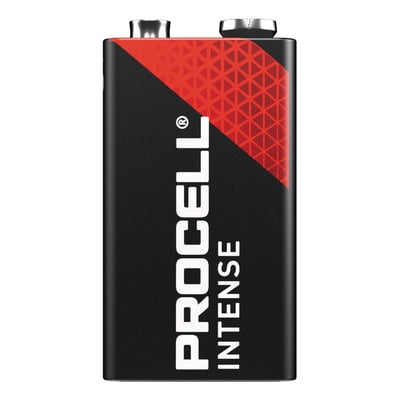Duracell Procell Intense Power alkaline 9 V-batteri i sort og rød med de to batteriterminaler øverst.