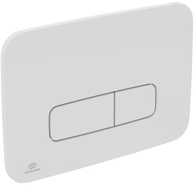 Nærbillede af Ideal Standard OLEAS kontrolplade i hvid, der viser dens elegante design med dobbelte betjeningsknapper foran.
