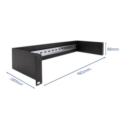 Sort DeLock 19" DIN-skinne panel, 2U, viser dimensioner 482mm, 180mm og 88mm på hvid baggrund.