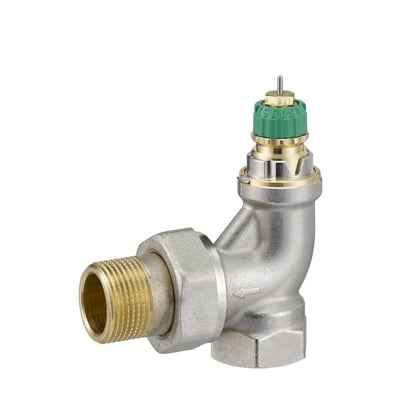 Danfoss RA-DV radiatorventil, forniklet messing, 3/4" vinkelløbende med tydelig trykregulator og forindstillingsskala på hvid baggrund.