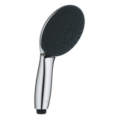 Grohe Vitalio Start 110 håndbruser med forkromet overflade og mørkegrå front, der viser dens 110mm hoved og ergonomiske greb.