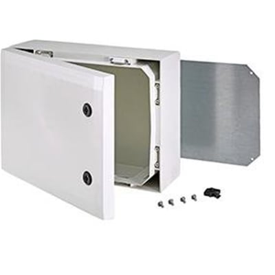 Fibox Arca vægskab i gråt PC-materiale, hxbxd 300x400x150mm, isoleret på hvid baggrund.