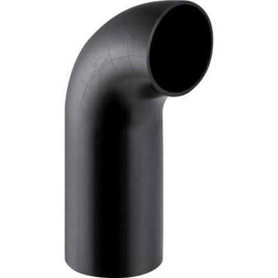 Svart Geberit PEH-avløpsbend på 90° med langt ben og 56 mm diameter, sett på skrå med åpningen synlig.