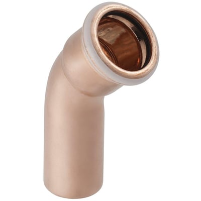 Detaljeret produktbillede af Geberit Mapress 22 mm kobberbøjning med 45 graders vinkel, der viser den glatte overflade og presfittingsystemet.