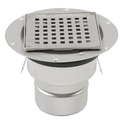 Blücher Square gulvafløb i rustfrit stål med 145x145 mm ramme og lodret Ø110 mm udløb.