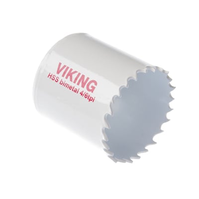 Viking HSS-bimetall hullsag på 102 mm sett skrått forfra med sagtenner og rød merking på den hvite kragen.