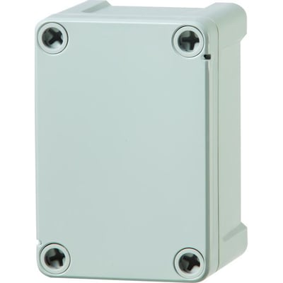 Fibox TEMPO kassebund i lys grå RAL 7035 med skruer og monteringsdetaljer, 95x65x60 mm, IP65 beskyttelse.