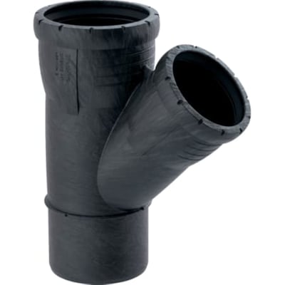 Geberit Silent-Pro grenrør i sort plast med 45 graders vinkel og dimensionerne 160x160 mm.