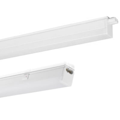 Hvitt V-TAC kompakt LED-lysarmatur på 120 cm, vist ovenfra og nedenfra med tilkoblinger i endene.