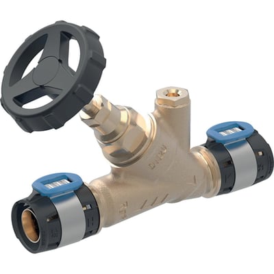 Geberit FlowFit afspærringsventil, 25mm, med rødgodshus og sort plastikhåndhjul vist fra siden.