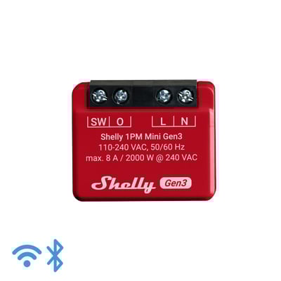 Shelly 1PM Mini Gen3 WiFi relæ med effektmåling, 8A, 230Vac i rød plast med symboler for WiFi og Bluetooth.