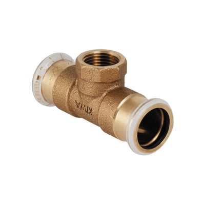 Detaljeret vinkel af Geberit Mapress kobber T-stykke, fremhæver pres-ender med hvid plastring og kobbermateriale.