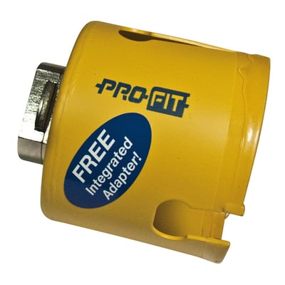 Gul ProFit HM-hullsag fra Wareco med adapter, 82 mm, sett skrått fra siden med metallfestet synlig.