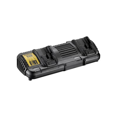 DeWalt DCB132 dobbelt oplader til 10.8V, 12V, 18V XR og 54V XR FLEXVOLT batterier i sort plast med gule mærkater.
