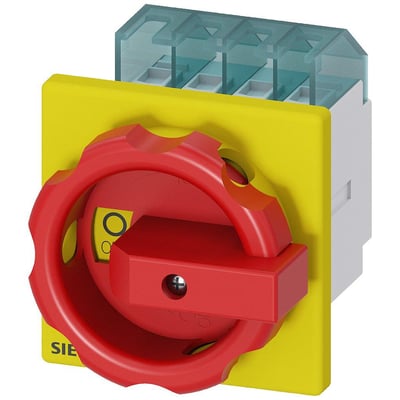 Siemens SENTRON 3LD2003 nødbryter med rød dreieknapp, gul frontplate og synlige tilkoblinger; 4-polet, 16 A.
