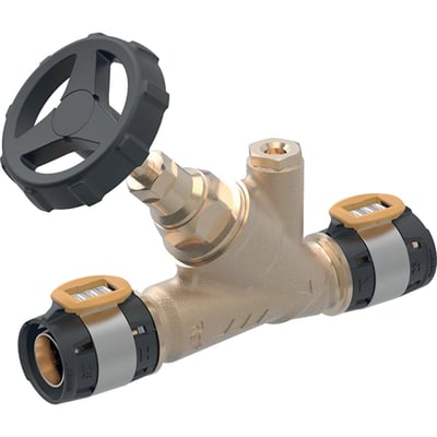Produktbillede af Geberit FlowFit afspærringsventil 50mm, fremstillet af blyfri rødgods med synlige detaljer.