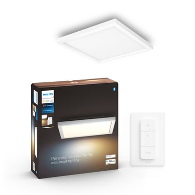 Philips Hue Aurelle lyspanel, 30 cm, hvid, firkantet, vist med pakning og Hue Dimmer switch.