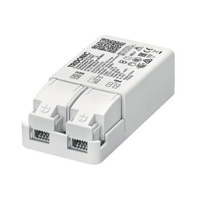 Tridonic LC15/350/42 LED driver i hvid polycarbonat med en flad profil og to kabelaflastninger på en hvid baggrund.