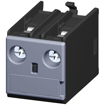 Siemens hjælpeblok front 1NO med skrueklemmer i grå og sort plast, klar til montering på kontaktorer.