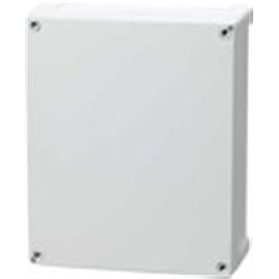 En Fibox Tempo TA292411 kasse, vist forfra med lukket gråt dæksel og synlige skruer i hjørnerne.