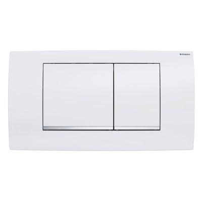 Geberit Twinline30 betjeningsplade i alpin-hvid plast med to hvide skylleknapper og blanke designstriber, set forfra på hvid baggrund.