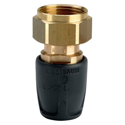 Viega Raxofix-forskruning til 16 mm PB-rør med 3/4-tommers gjenge, sett forfra med messingfarget mutter og svart tilkoblingsdel.