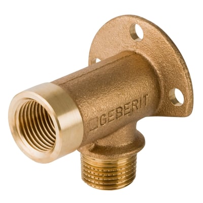 Geberit GIS armaturtilslutning i messing, 90 graders vinkel med udvendigt gevind MF 1/2" og geberit logo.