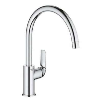 Grohe Start Curve etgrebs køkkenarmatur i krom med C-tud og svingradius på 360 grader, fremstillet af messing.