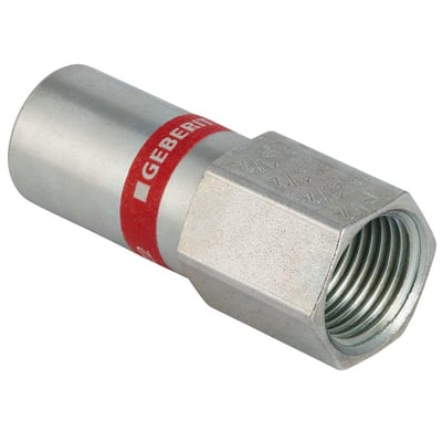 Geberit Mapress FZ overgang 18mm x 3/4'' MF/NP med el-forzinket overflade og markerende rød Geberit logo bånd.