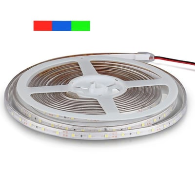 V-Tac vanntett blå LED-strip på 5 meter rullet opp på en spole med tilkoblingsledning og fargefelter øverst.