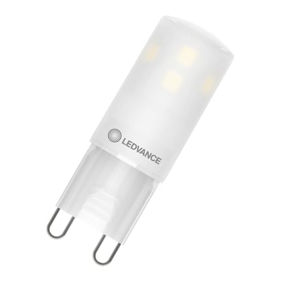 Ledvance LED PIN pære i mat hvid plast med G9 fatning, 180 lumen, 2700 Kelvin, vist på hvid baggrund.