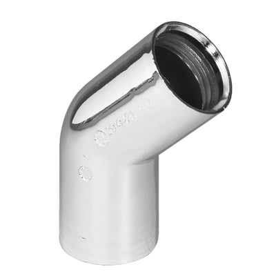 Forkrommet Purus-vinkel på 45° i plast for Ø32 mm innstikk, sett på skrå med den åpne muffen synlig.