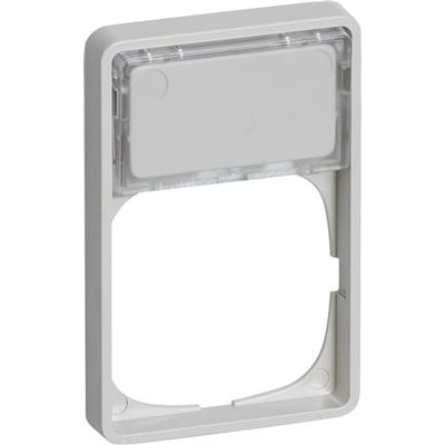 LK FUGA Baseline 50 ramme i lysegrå med tekstfelt og plads til et modul, viser den gennemsigtige afdækning til tekstfeltet.