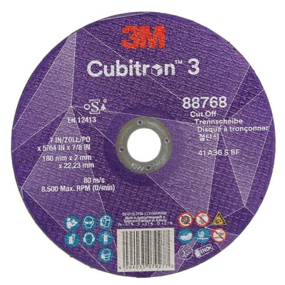3M Cubitron III skæreskive 180 mm til stål, specifikation T41 med 22,2 mm huldiameter og max 8500 omdrejninger.