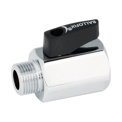 Sidebillede af en forkromet Broen Ballofix kuglehane med sort håndtag, der fremhæver dens kompakte design og gevindtilslutninger.