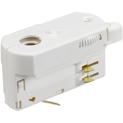 Hvid Nordic Aluminium GLOBAL trac® 3-faset multiadapter GA69-3 set skråt fra oven med synlige metalliske kontakter.