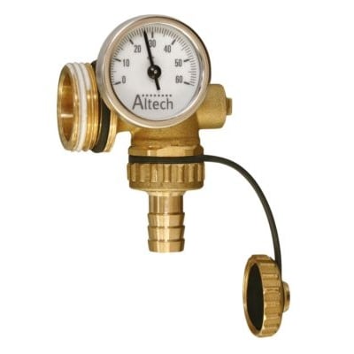 Pettinaroli endestykke til gulvvarme fordelerrør i messing med termometer, udluftning og aftapningshane.