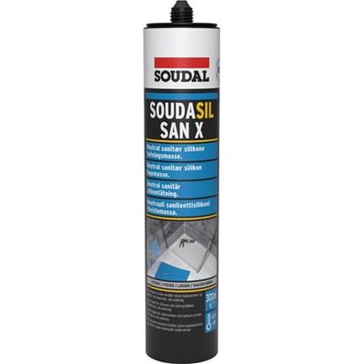 Soudal Soudasil San X neutral sanitets silikone i grå farve, 300 ml tube med sort dyse og tydeligt mærkat med produktinformation og anvendelseseksempler.